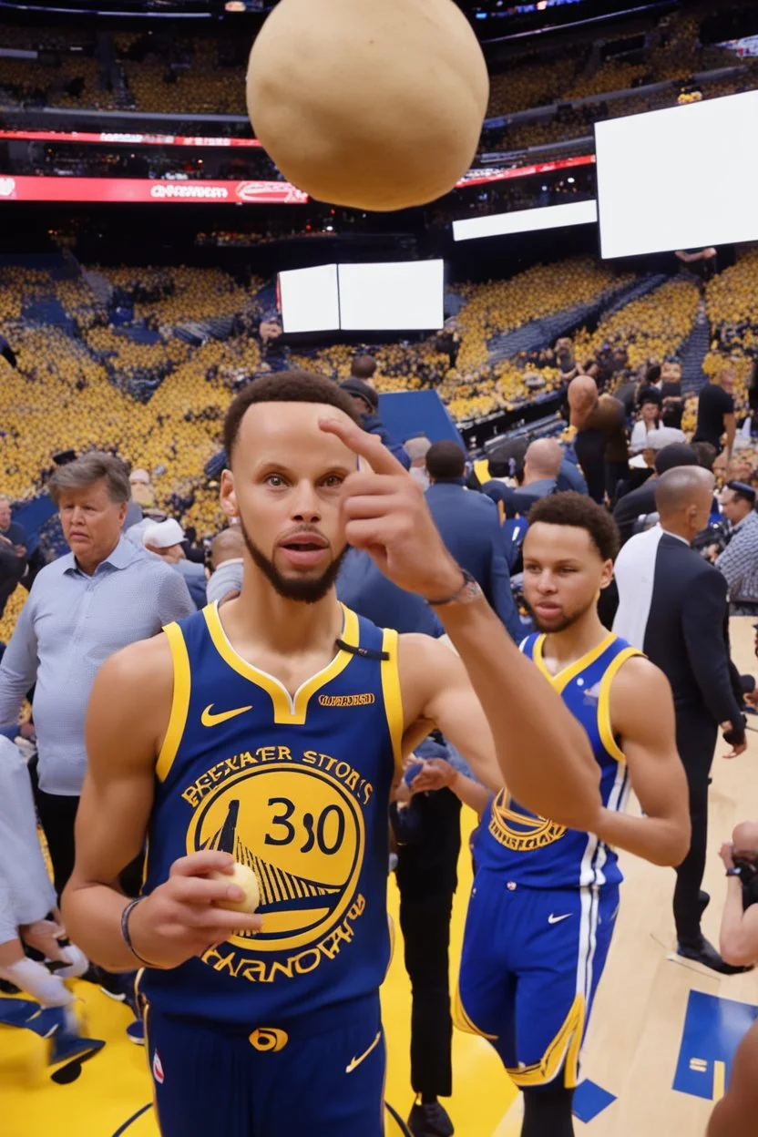 confused steph curry holding a potato instead of a basketball