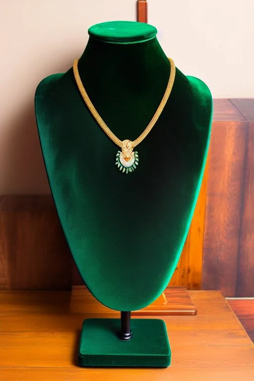 dark green velvet Necklace Mannequin Stand on a luxury table