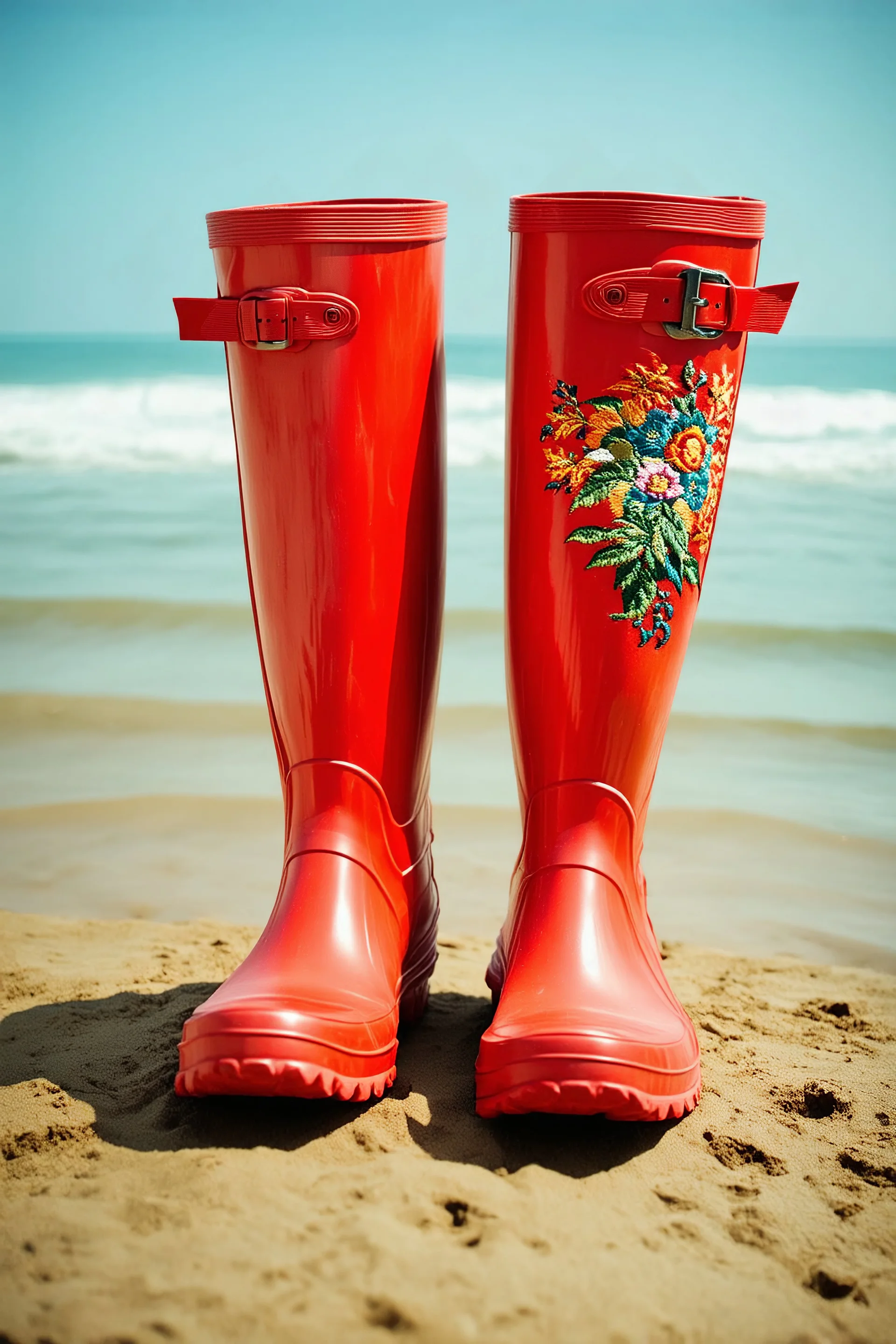Embroidered red Plastic rain boots in 1890,, on the beach, old dirty autochrome