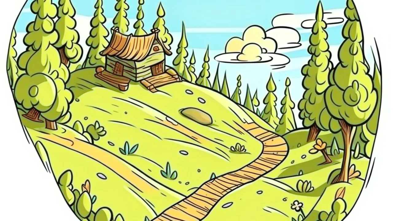 Cartoon style: far far away, down the hill between trees, a very small tiny wooden house