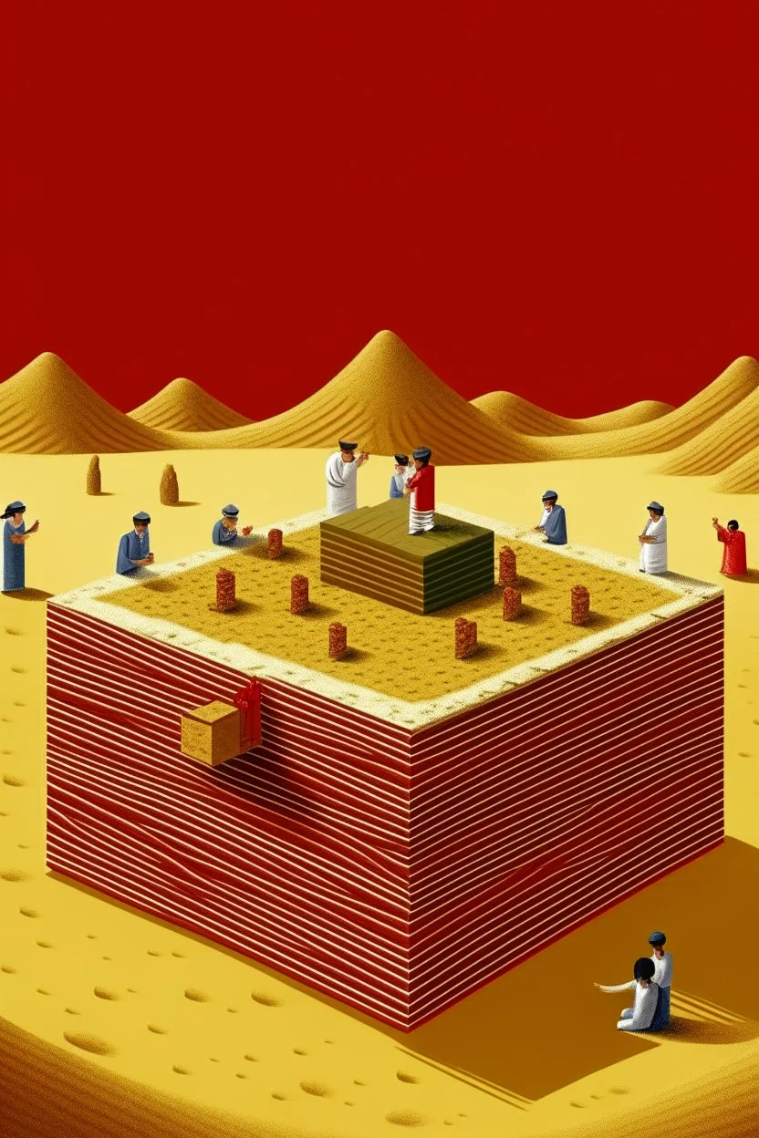 giant match box with pepe on the top smoking in the desert with small people around n the style of Hiroshi Nagai