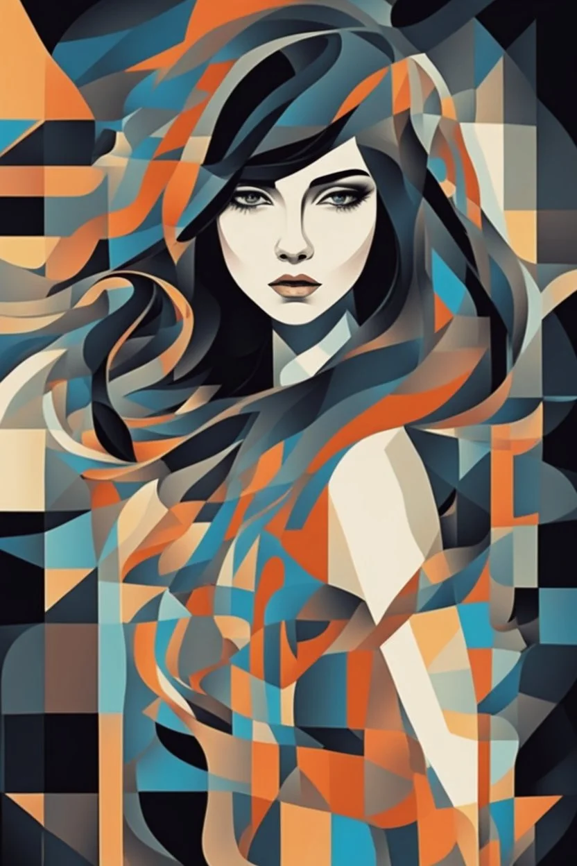 Neo Surrealism, whimsical art, Analytical Cubism Illustration Design a perfect pretty girl, black long hair, Split-Complementary color guide, Plasma Energy Texture, abstract background, girl, Pose with movement, often for geometric deconstruction, monochromatic palette, or fragmented forms.