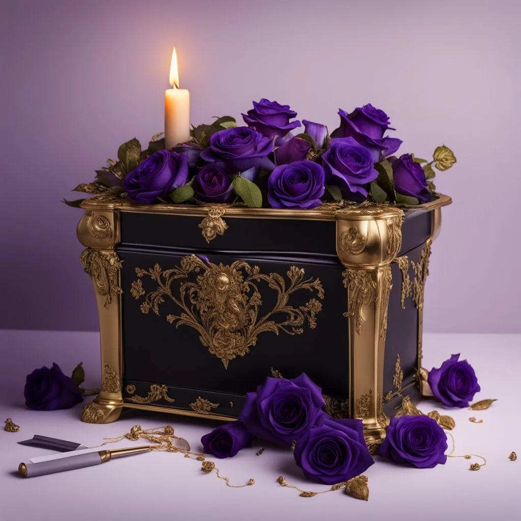 A black and gold decorated chest half opened and filled with purple blue roses in front of it a burning candle in delicate purple all on a light background