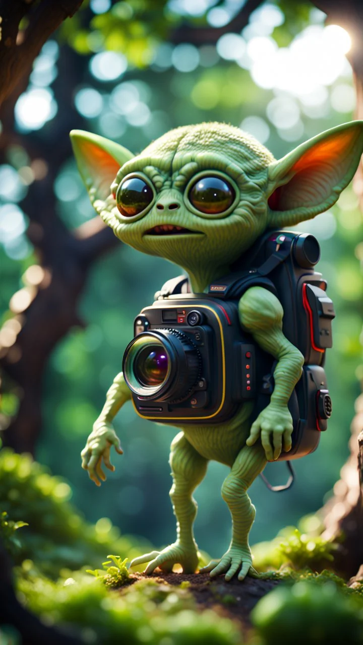 melon alien gremlin with rocket backpack awesome space camera in giant treetop ,bokeh like f/0.8, tilt-shift lens 8k, high detail, smooth render, down-light, unreal engine, prize winning