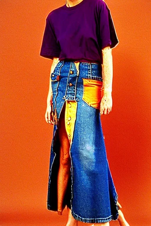 year 1996 denim fashion. Loose skirt, low waist. Combat t-shirt. Colors: denim blue, blue, purple, cream, khaki, light green, lilac, plum, orange, terracotta, red, light yellow, pink, dark blue, beige. Latex in small part. Something between Sturnus vulgaris pattern and lynx lynx prints.. bridget jones and jennifer lopez. Hoodie.