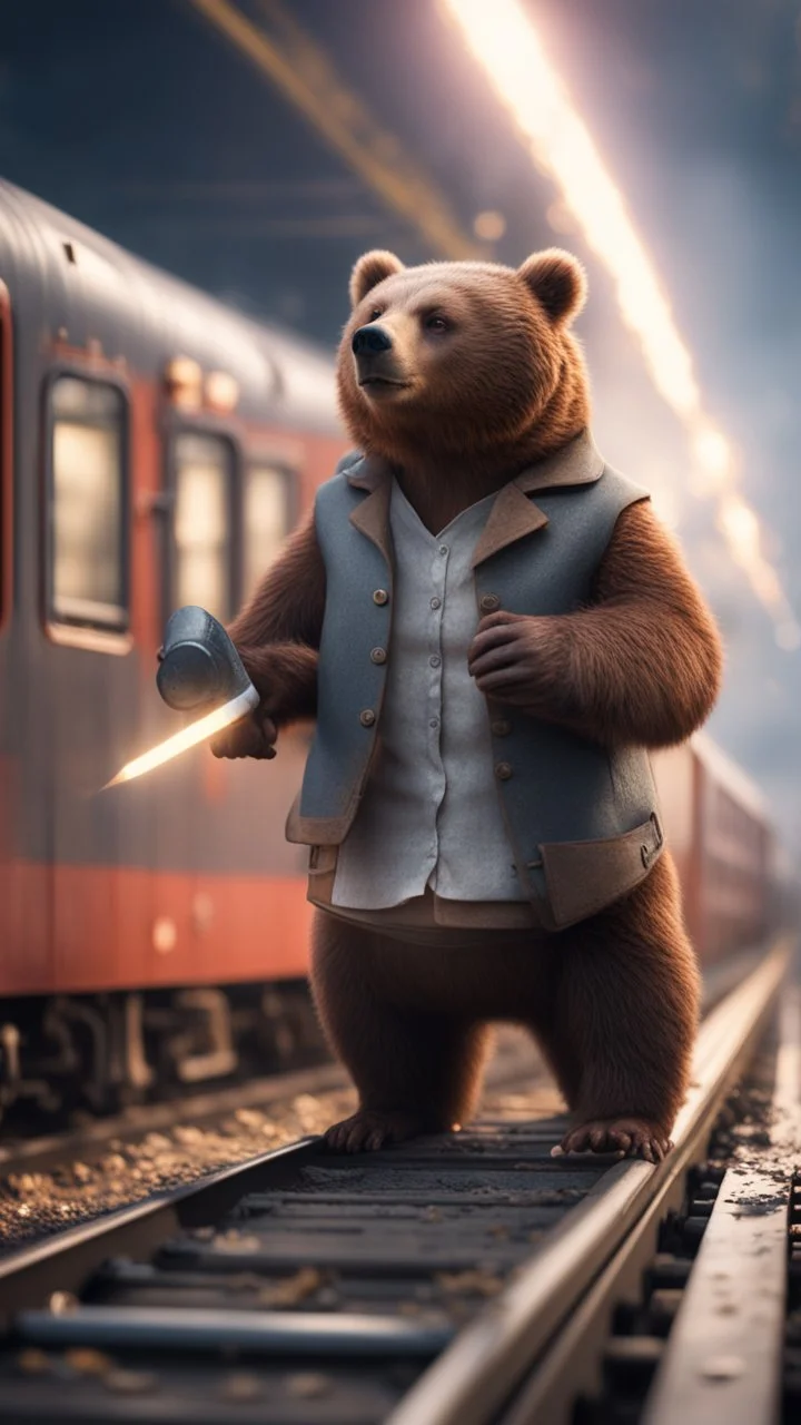 bear with rolling pin and female garments on top of train ,holding dynamite, getting hit by lightening electric arc, with big disturbed eyes,bokeh like f/0.8, tilt-shift lens 8k, high detail, smooth render, down-light, unreal engine, prize winning