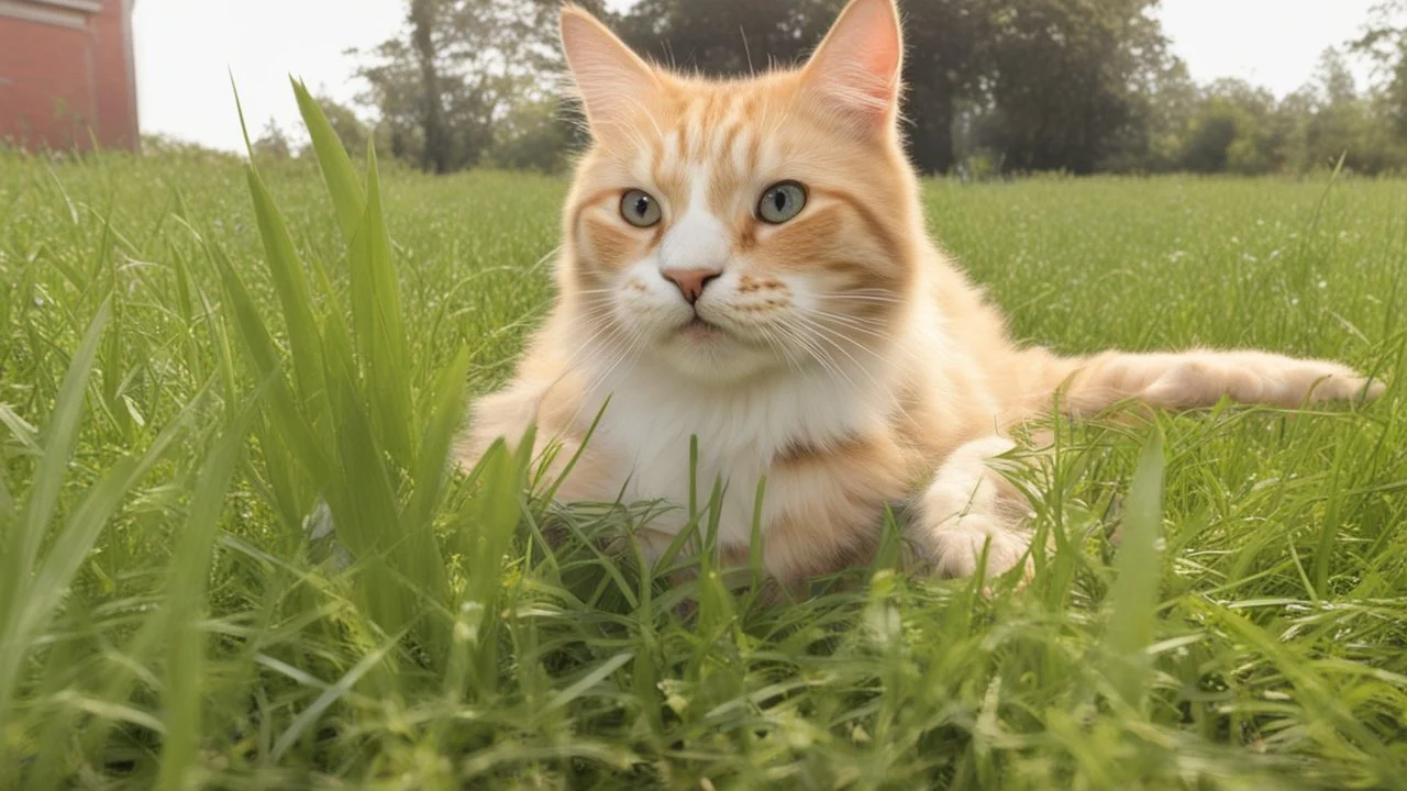 Funny cat in the grass with butterfly on his nose