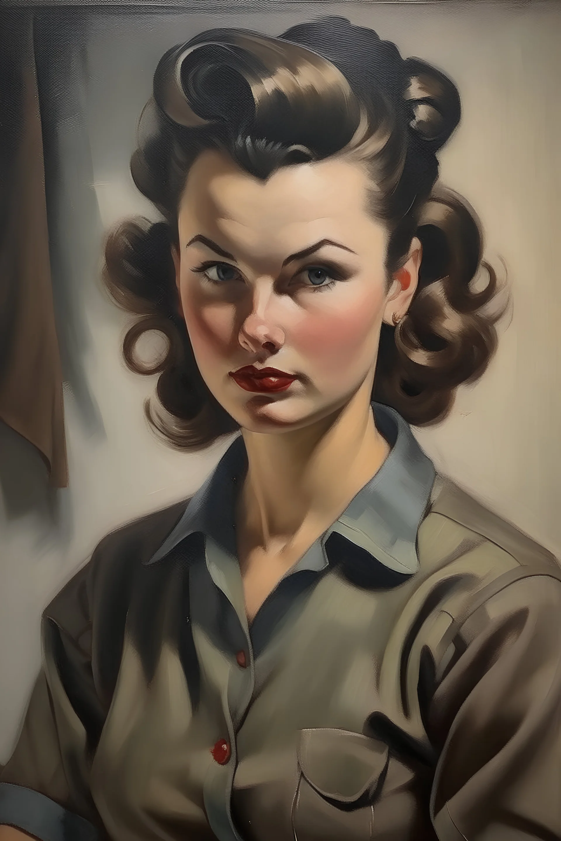 Oil painting, Elias Salaverria, woman 50s, 1940s modern hairstyle, open shirt