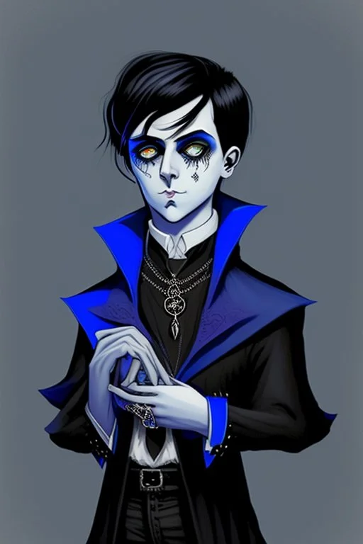 black haired blue eyed young man necromancer wizard with gothic jewelry in the style of charles addams