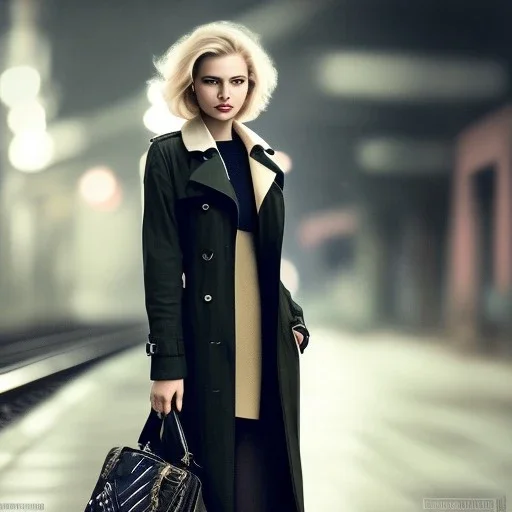 A beautiful slender well dressed young caucasian woman with short blonde hair and a black trench coat, waiting for a man at night at a train station in London