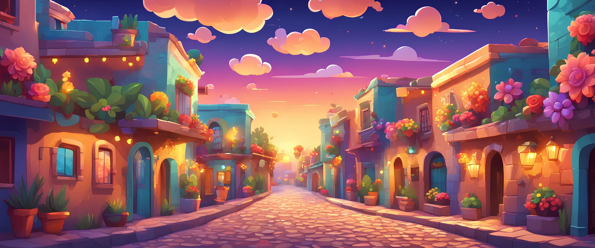 Background: colorful Mexican city street, in the evening, party, cobblestone, 3D vector cartoon asset, mobile game cartoon stylized, clean Details: colorful flowers, lights, nighttime party, detailed. Camera: side angle, 90°, 35 mm. Lighting: colorful sunset clouds night sky, LED lights. cartoon style
