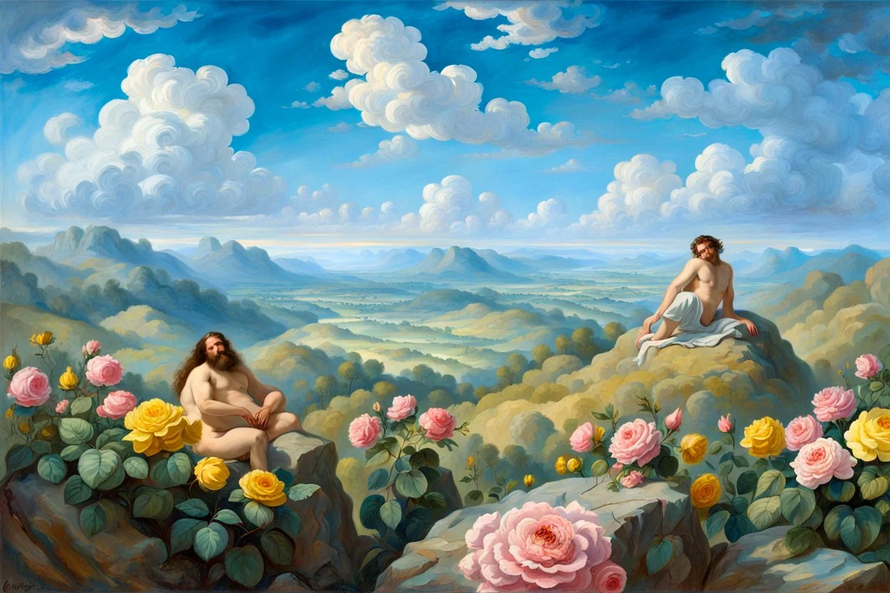 a handsome, fat man with a well-groomed, bearded face and long, curly hair. He is sitting naked on a rock, surrounded by a picturesque valley adorned with pink and yellow rose flowers. The spring sky above is adorned with breathtakingly beautiful clouds. like oil paintings 19th century