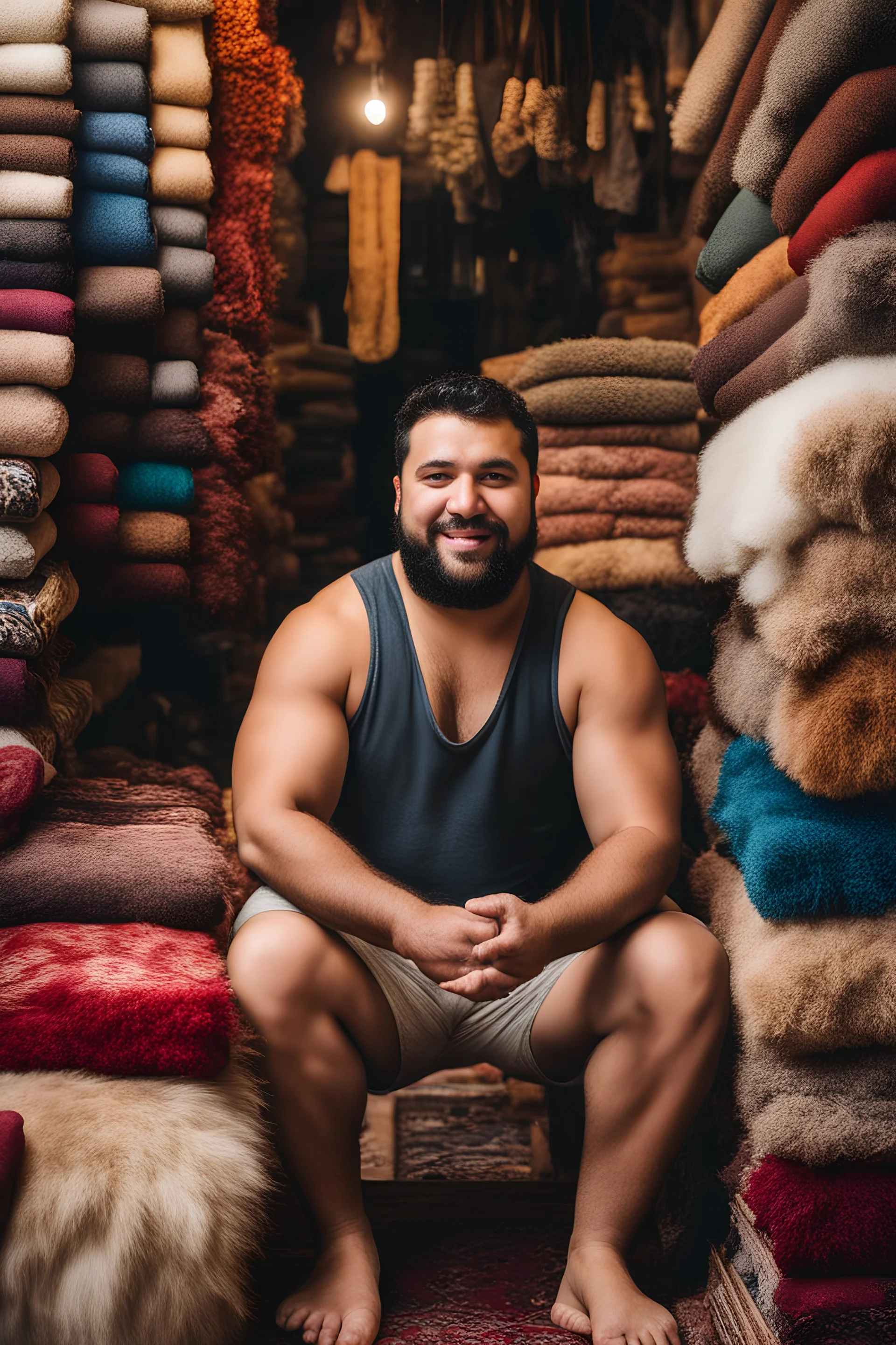 close up photography of a burly chubby muscular strong 26-year-old turkish man in Istanbul bazaar, shirtless, wearing shorts, short beard, selling carpets sitting on a pile of carpets, big shoulders, manly chest, very hairy, side light, view from the ground