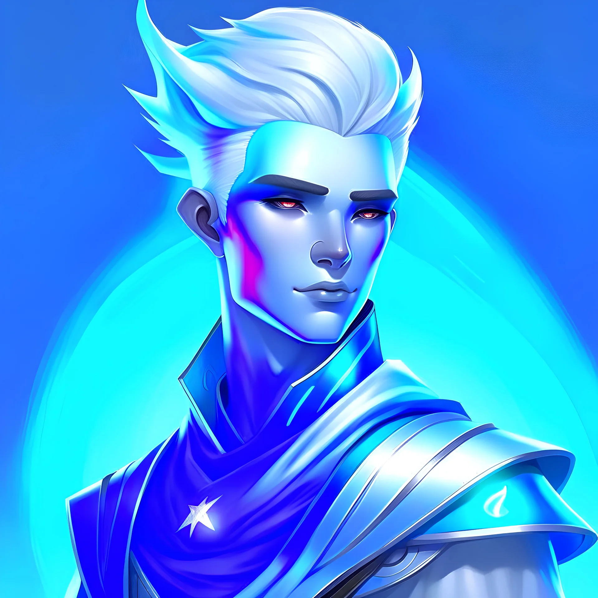 create a male young adult blue air genasi from dungeons and dragons, light blue skin, white short hair with skay blue highlights, sapphire eyes, wind like hair, wearing vestments, , digital art, high resolution, strong lighting