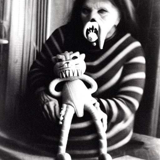 Old photo grandma with lion and zip mouth toy, h r giger, alien child