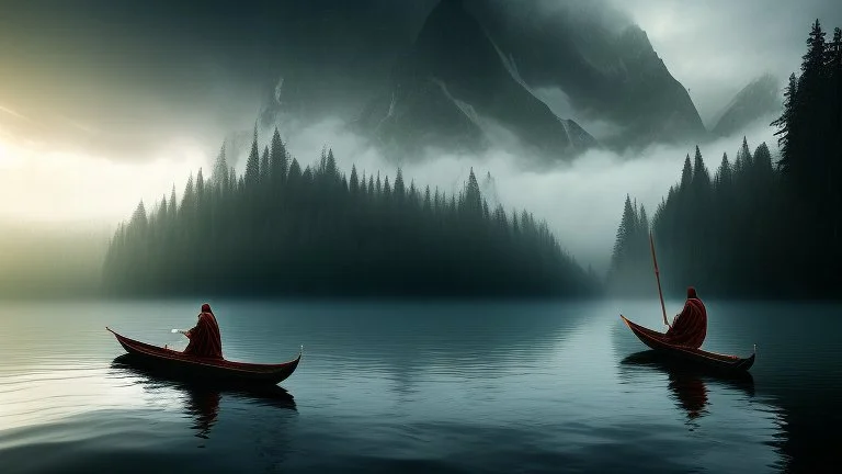 black robed monk in a small boat on quiet water in the mist