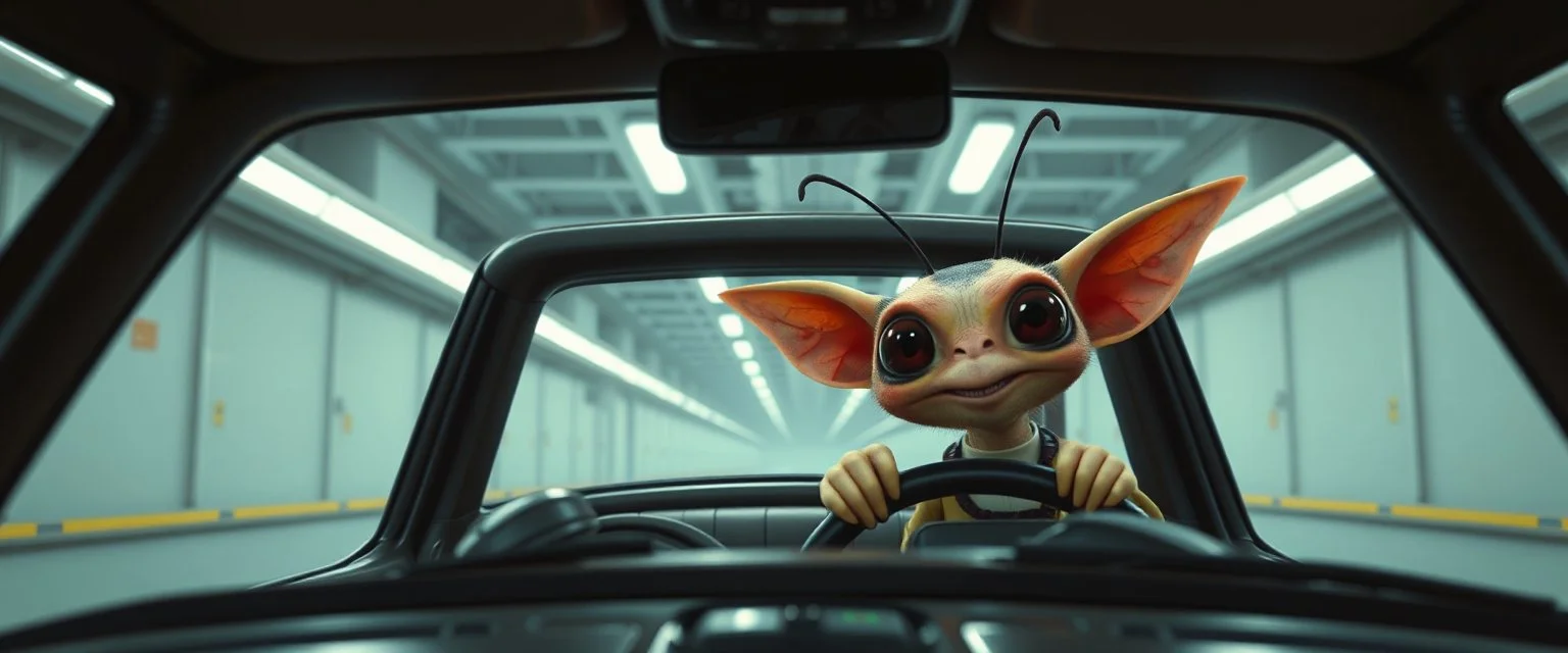 car driving happy 2d insect anime fluffy slimy alien sloth gremlin man in the style of Escher and Giger and Fallout 4, pinhole cam, airbrush 3d rendering, on tv screen:A five-second cinematic single take in a clean industrial presentation hall.