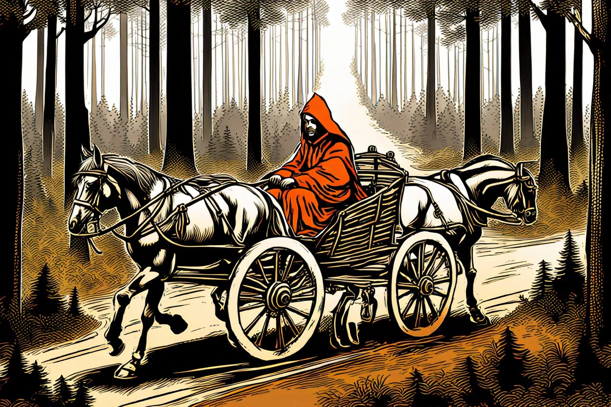 hooded monk driving horse and 2 wheel cart in the forest