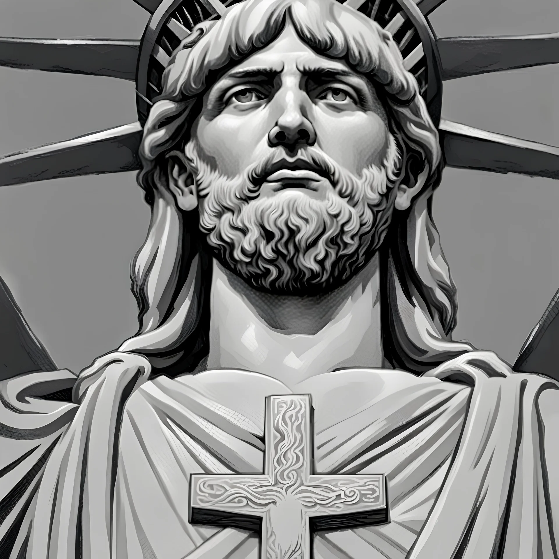 line toned, hedcut, wsj style, statue of Jesus of Liberty with a beard and wearing a cross and hanging from a cross, The statue male, hyperdetailed intricately detailed photoillustration ink drawing dystopian 8k resolution entire body of the statue is in the picture. digital illustration telephoto lens photography , same colors as the us treasury's one dollar bill, crucified"