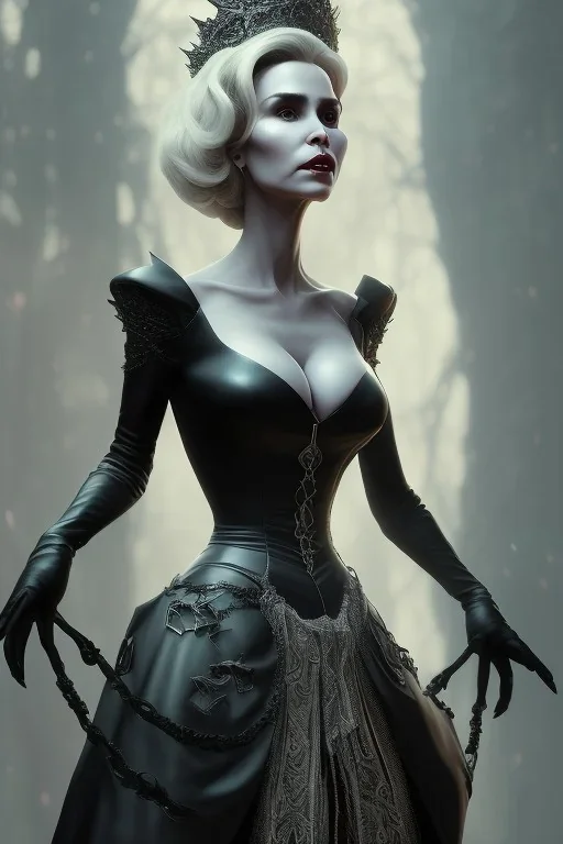 Constance Langdon as evil queen in black leather, leather, busty, cleavage, angry, stern look. character design by cory loftis, fenghua zhong, ryohei hase, ismail inceoglu and ruan jia. unreal engine 5, artistic lighting, highly detailed, photorealistic, fantasy