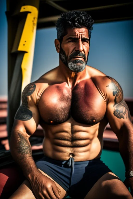 photography of An iranian offshore worker, shirtless, wearing bulging heavy-duty work pants and sturdy boots, sitting under the scorching sun on a merchant ship, man 66 years old, manly chest, muscular chubby , tattoo, curly beard, dirty, serious, long hair, ugly, big thighs, bullneck, big shoulders, photo realistic, photographic, super detailed, hyper realistic, UHD, frontal view , ambient occlusion