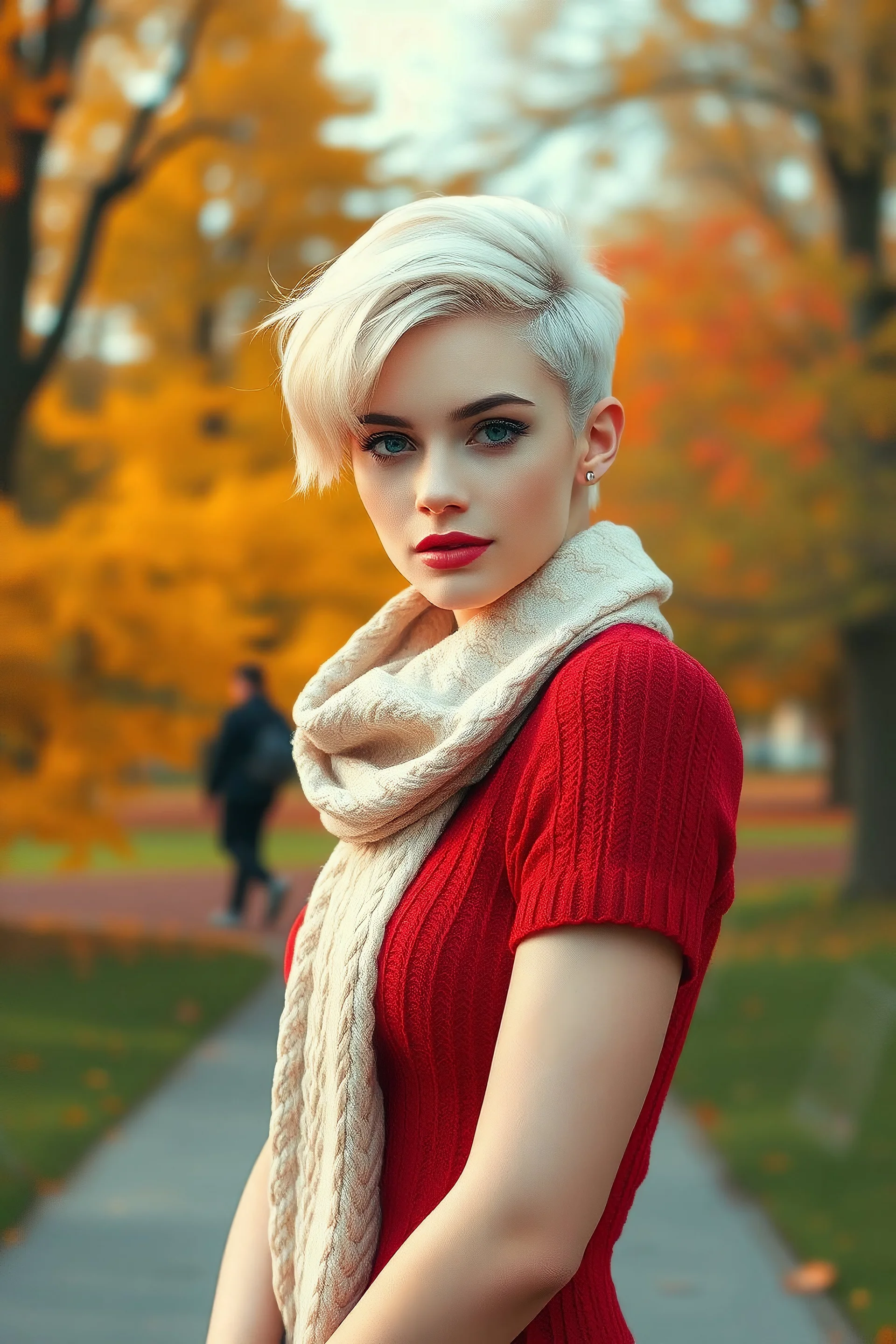 White woman with a stylish model hairstyle in a short knitted red dress, a light colored scarf on her neck, a background of an autumn park in the distance, impasto, airbrushing, style by Greg Rudkovsky, Mikhail Garmash