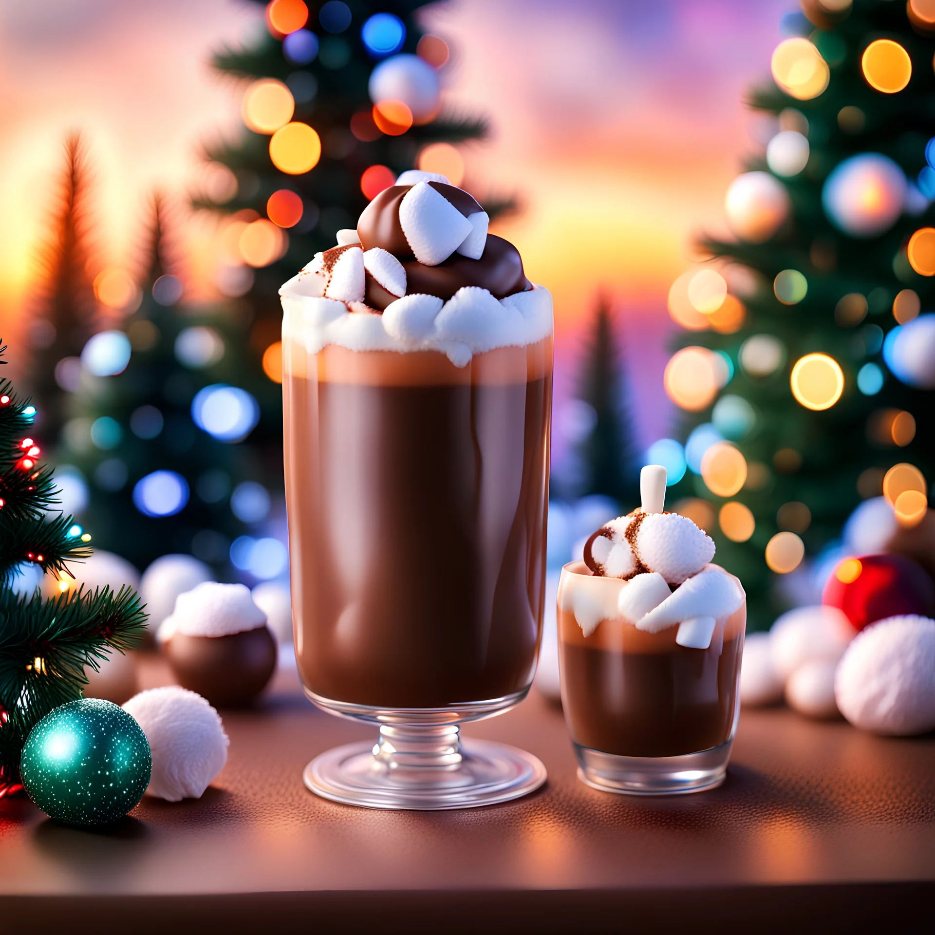 Arts work of beautiful design,Christmas chocolate drink with mashmallow,spruces,sunset,vibrant,bokeh background,8k,DSLR camera Sony Alpha 7 50mm 1.8,medium shot,high-resolution image with fine details,ultra detailed,ultra realistic,extremely realistic,intricate,photorealistic,epic composition,masterpiece