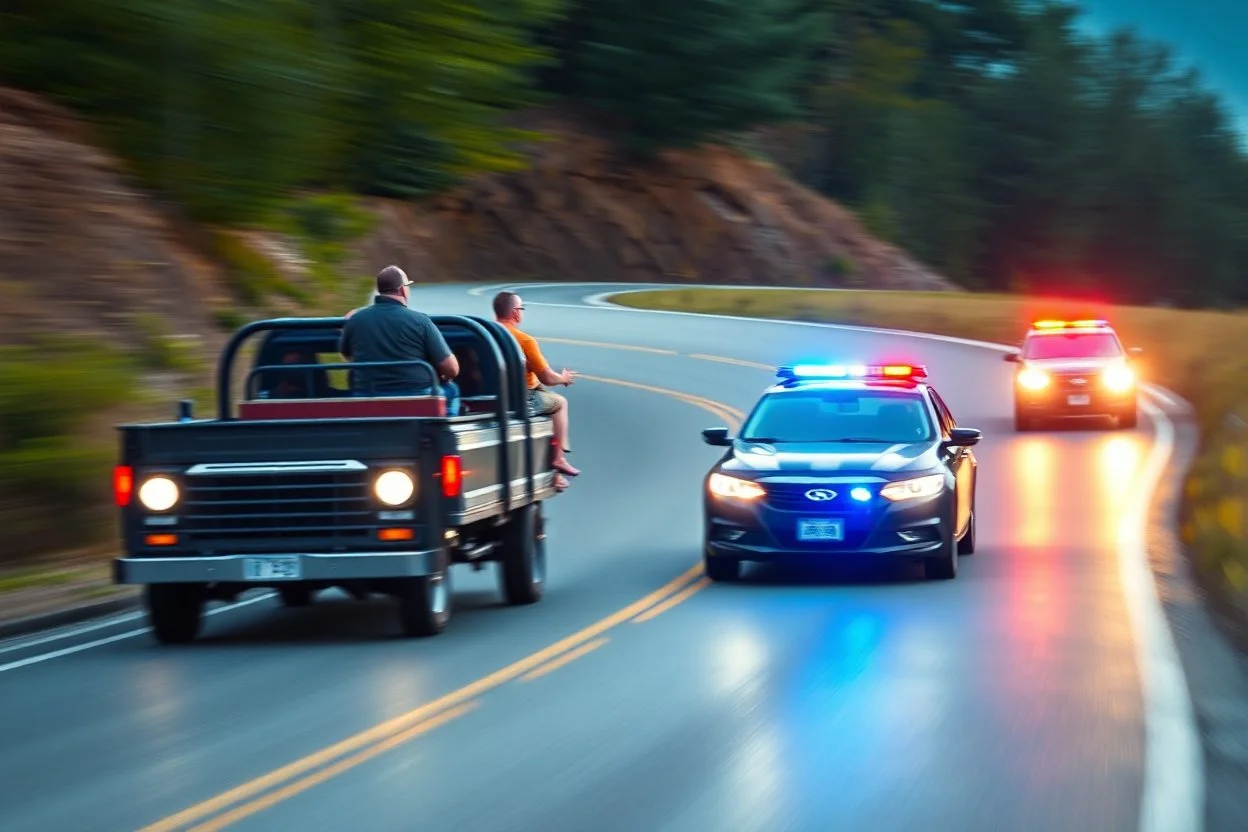 oil painting with motion blur of rednecks on truck on curvy roads followed by police cars , bokeh like f/0.8, tilt-shift lens 8k, high detail, smooth render, down-light, unreal engine, prize winning