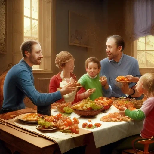 A man with his family at the dining table eating an extremely healthy meal of fresh Whole Foods