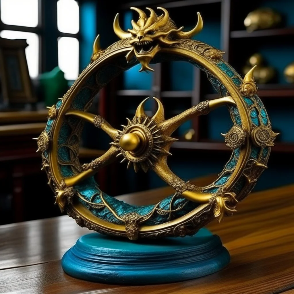 The Helm of the Dragon Queen is a fabulously gilded steering wheel adorning one of the finest pirate ships in the world but she was crippled during a battle and the magical wheel lost in the aqua depths until a sea serpent found it and took and interest