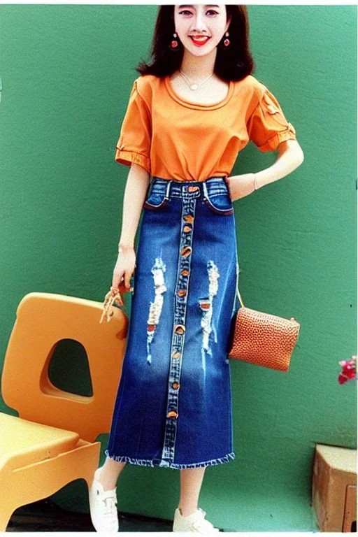 year 1996 denim fashion. Loose skirt, low waist. Colors: denim blue, blue, purple, cream, khaki, light green, lilac, plum, orange, terracotta, red, light yellow, lion yellow, pink, dark blue, beige.