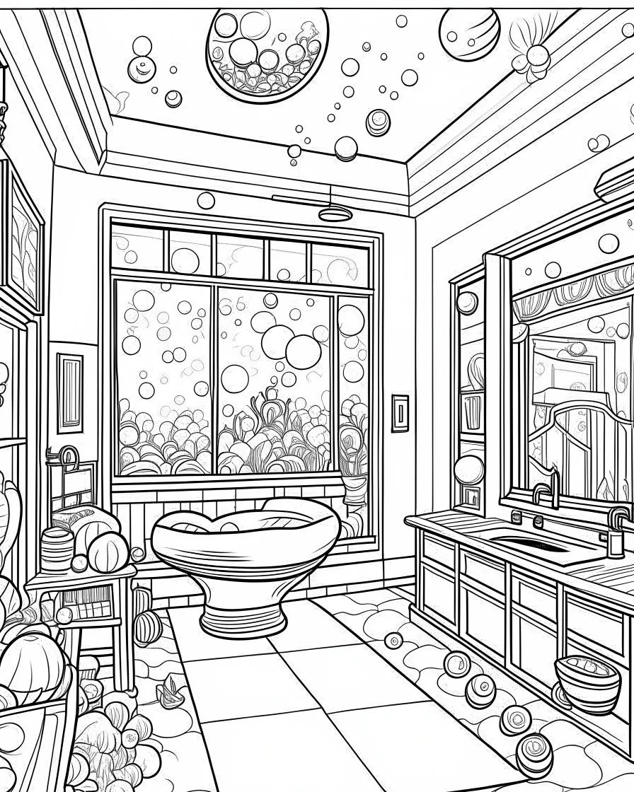 coloring pages for kids, Angela's Beauty Salon, room with windows, with door, written around 3D colorful flowers inside bubbles, hearts, stars, fluffy, photo, typography, fashion, cinematic, 3d rendering, in pink tones.. cartoon style, thick lines, low detail, black and white, no shading, --ar 85:110