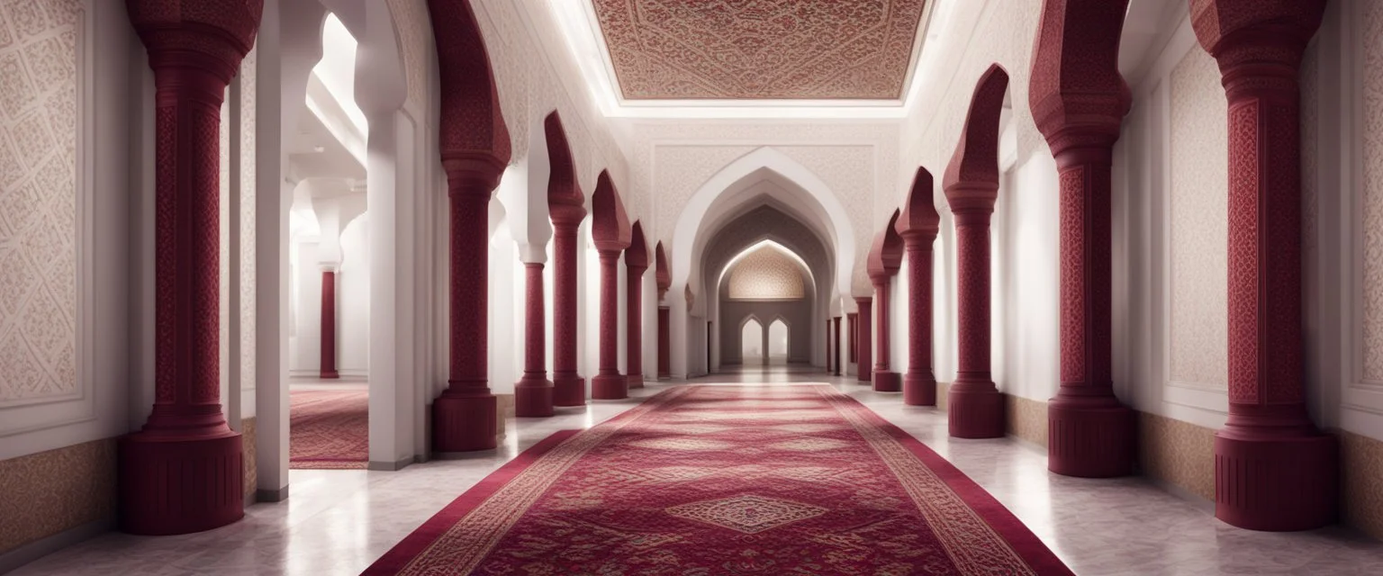 Hyper realistic detailed hallway inside White wall Mosque with maroon pillars & beautiful carpet at night