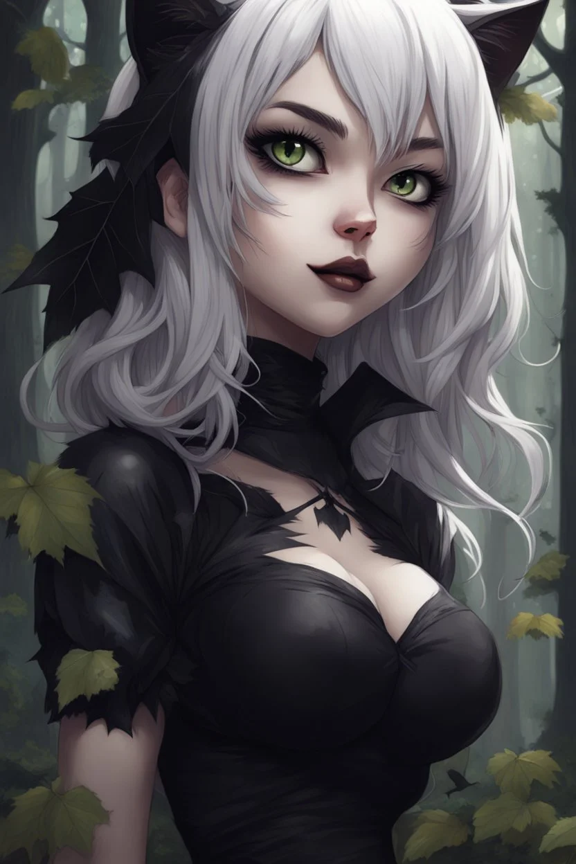 CAT GIRL, goth, forest, nature, cartoon, leaves, half black half white hair, boobs, portrait