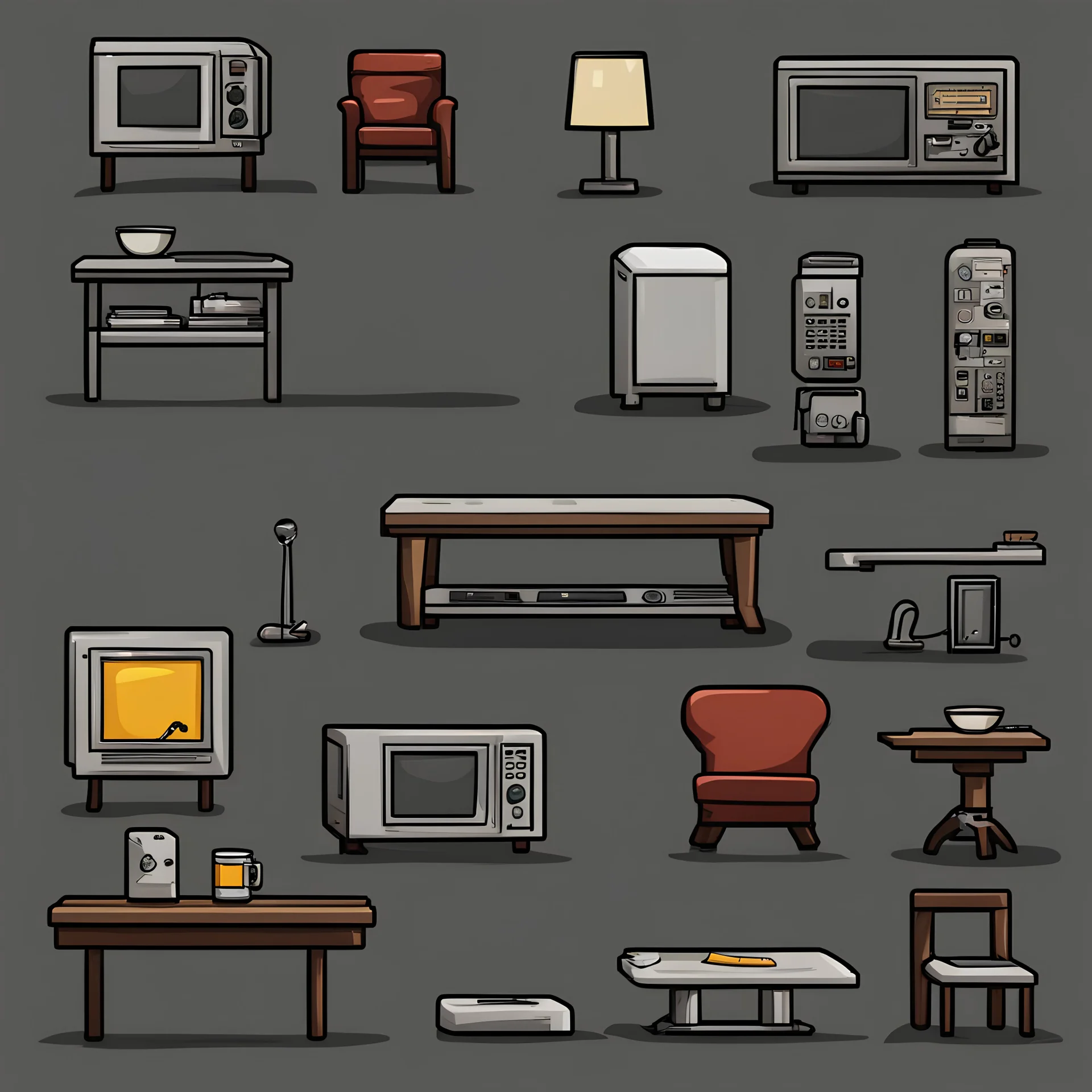 Sprite sheet, furniture, table, chair, television, lamp, toaster, microwave, icons, survival game, gray background, comic book,