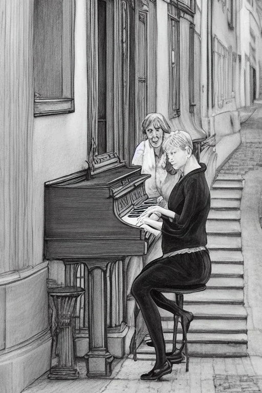 One single mature cat lady playing piano on the street, Vienna, fiacre, friendly, model style, hyper realistic, extremely accurate, delicate, extremely detailed, Graphic novel style, wide-angle, open aperture, superfine pencil