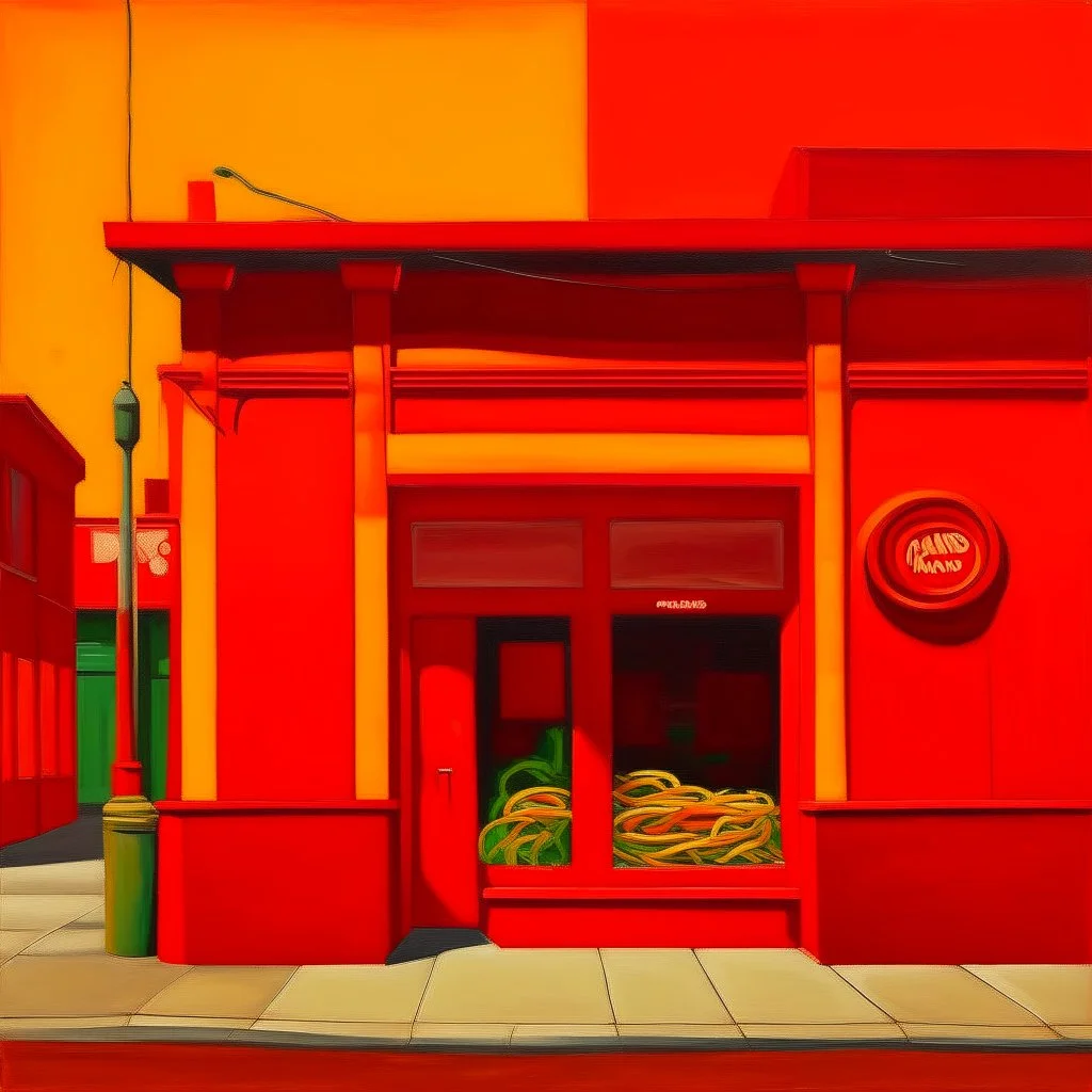 An orangish red spicy noodle restaurant painted by Mark Rothko