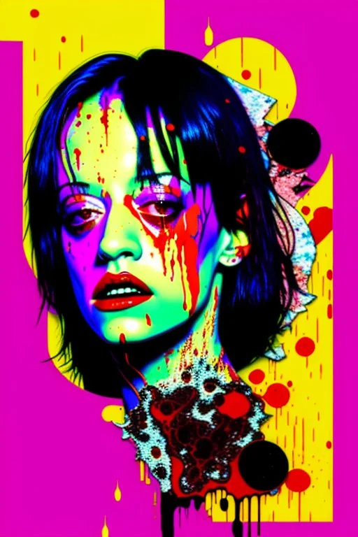 Digital illustration of 90s graphic design collage in Giallo highbrow artistic style portrait of italian actress Asia Argento, beautiful and young, covered in splattered blood, screaming, her eyes wide in terror, anime semi-realistic, exaggerated realism, macabre fine art, hardcore gore, horrorcut v.2, kandinsky 2.2,