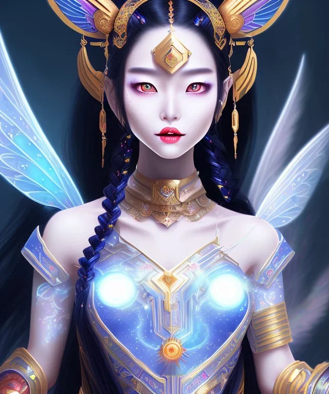 femme cosmique asiatique féerique harmonieux et divine transparente, grand cheveux noir, yeux bridé bleu, jolie lèvres, grand sourire, joyeuse, peau translucide, volumetrique brouillard