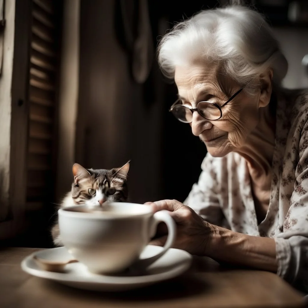 Beautiful Italian grandmother drinking a hot cup of cappuccino with a cat sleeping next to her