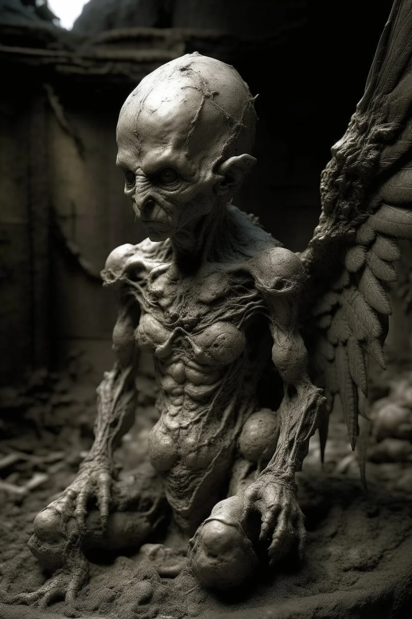 sculpture of a baby with wings. decayed and rotting with grotesque proportions and imagery. abstract grotesqueries, detailed texture, surreal horror, biomechanical design, by hr giger and beksinski