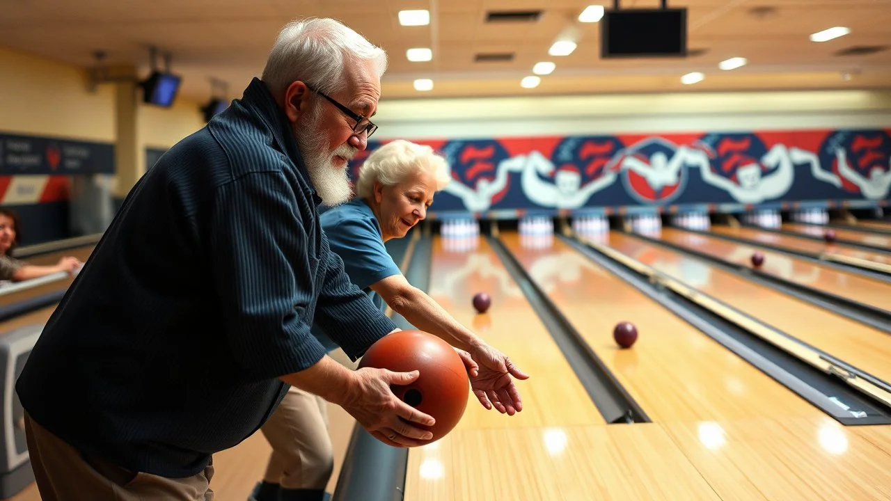 elderly men and women ten-pin bowling, detailed colour photograph