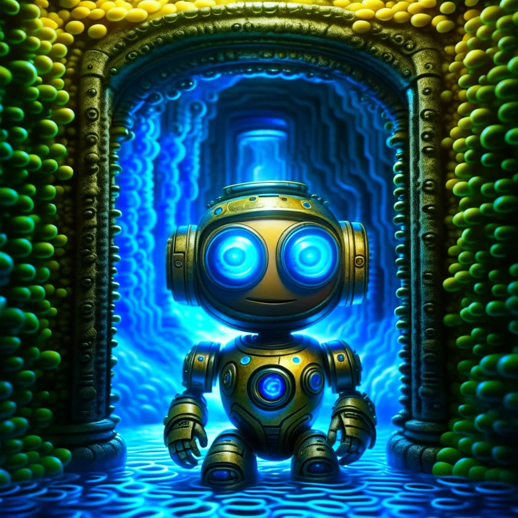 portrait of incomprehensible cute chat robot in the style of escher, in front of teleporter portal to the sea in an underground grove, in the style of dali, 8k, down-light, soft light, depth of field, photo realism, trending on art station, high detail