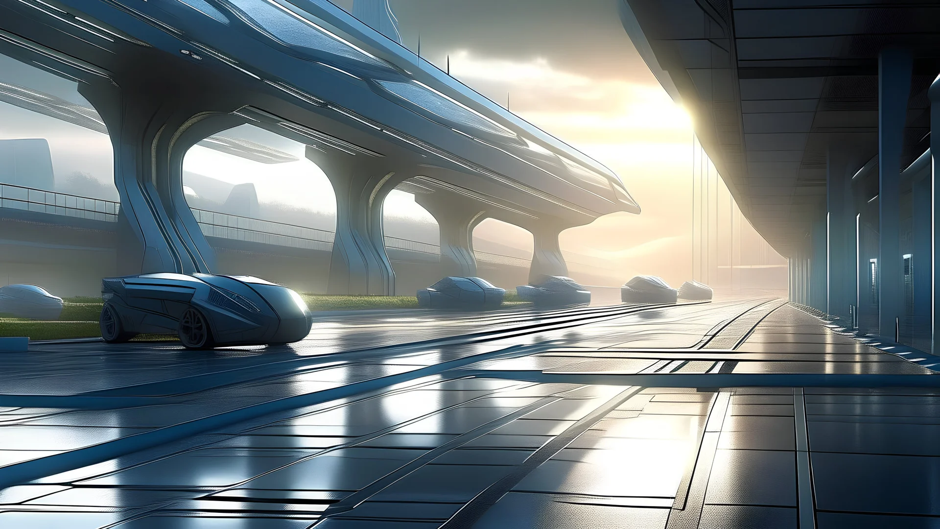 Futuristic airport street morning