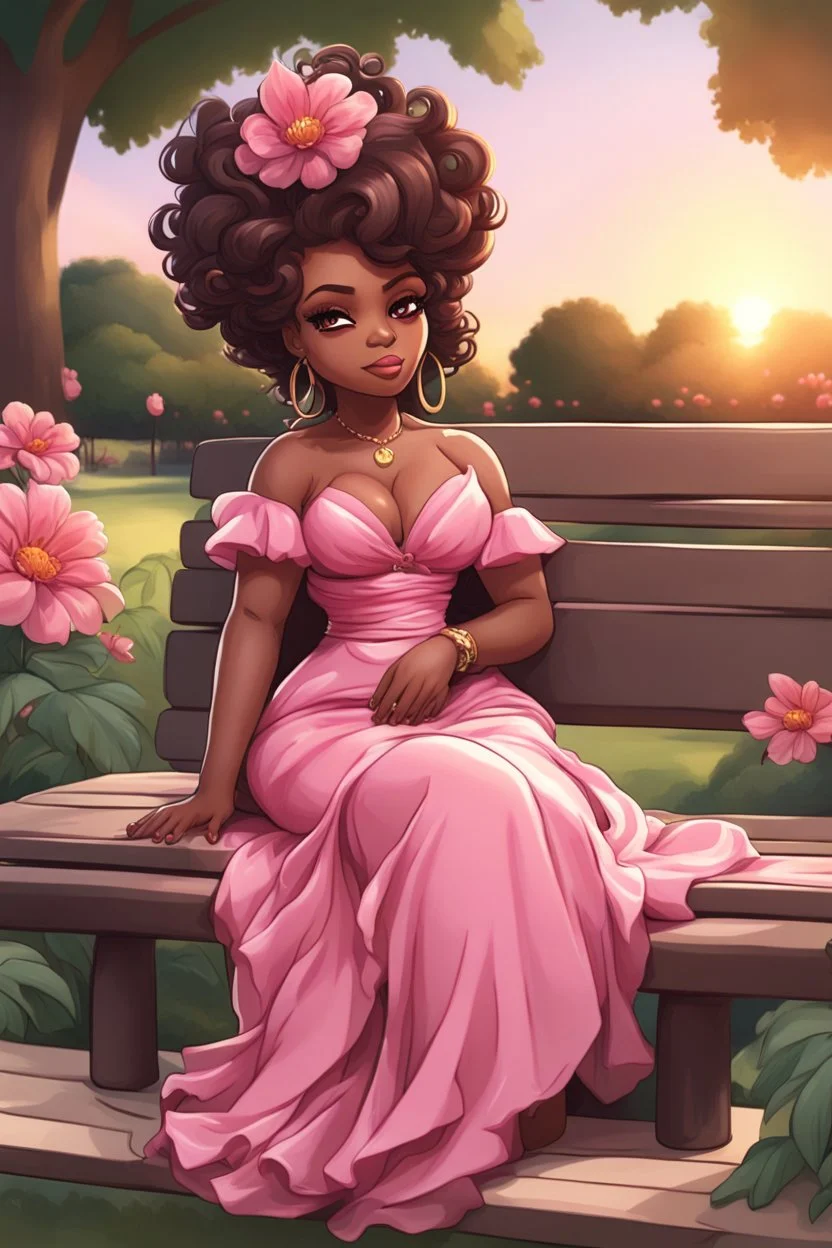 A curvy chibi cartoon black woman sitting on a park bench, facing the sunset. She has brown eyes accentuated by dramatic makeup. Her brown hair is done up in an elaborate curled twist. She sits slightly angled, wearing a flowing pink maxi dress with tropical flowers that seems to flutter in the gentle breeze.