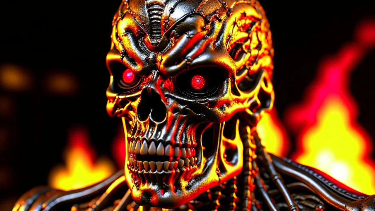 4K, ultra detail, ombres et reflets maximum, full realism portrait terminator iron maiden logo full face flames4K, ultra detail, full realism portrait terminator hard rock logo full face city firestarter in the background