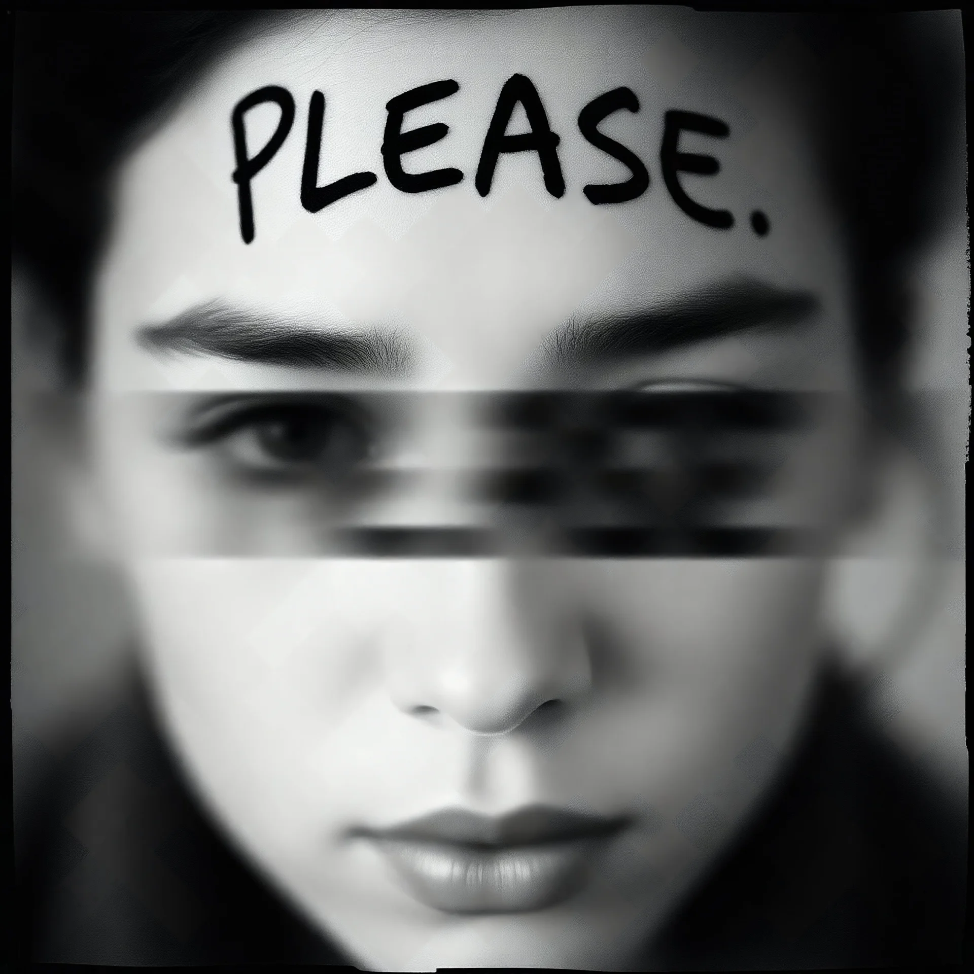 grunge blurred face, it is written 'PLEASE' on her forehead, in the style of Henri Cartier-Bresson