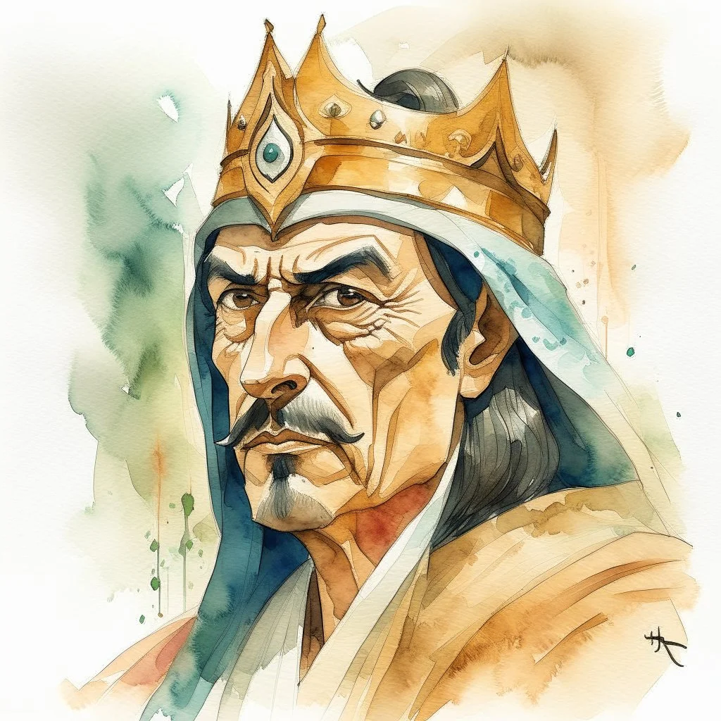 dnd, fantasy, watercolour, humongous strokes, stylistic, portrait, illustration, furry, Arabic Saudi king personable face