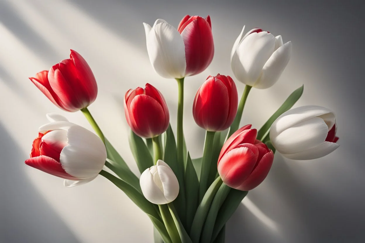 photorealistic 4 red tulips above and 2 white tulips down in a bouquet, vibrant colors, soft lighting, sharp focus, rough edges in sunshine