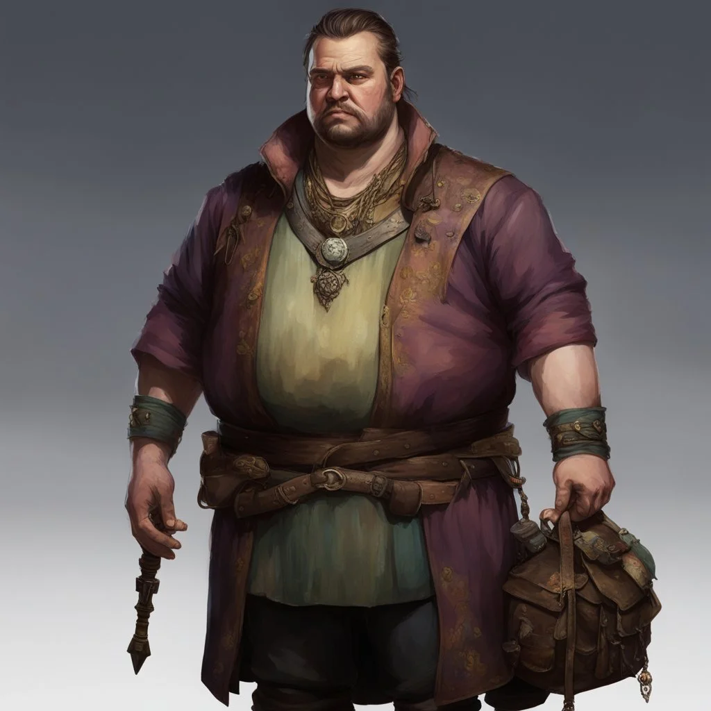 fantasy dnd commoner male 40 years old merchant large overweight dirty from travelling the road